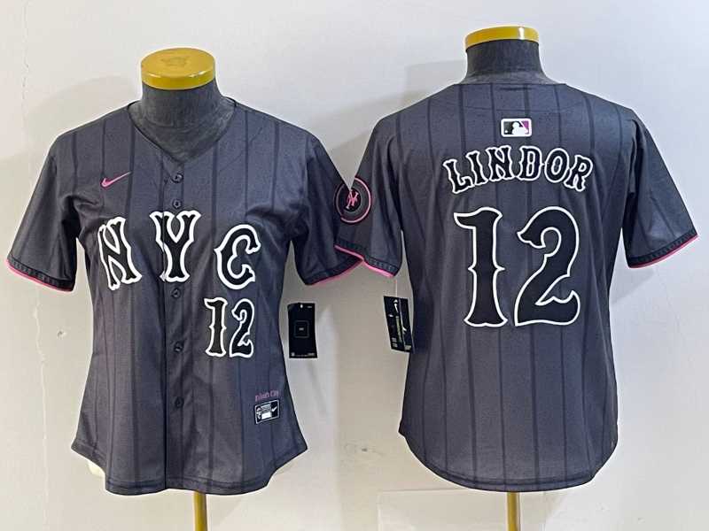 Womens New York Mets #12 Francisco Lindor Number Grey 2024 City Connect Cool Base Stitched Jersey